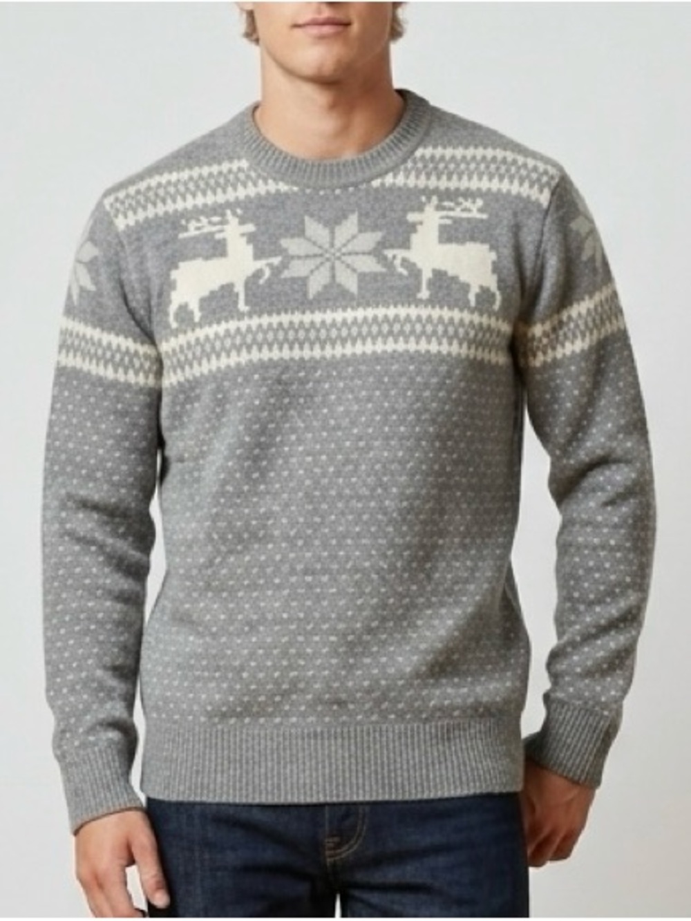 BEAMS Men's Gray Fair Isle Reindeer Crewneck Sweater